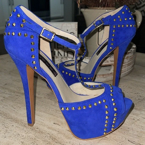 STEVEN Steve Madden ASTRRO Blue Gold Studded Leather Suede Stiletto heel Sz 8.5 - Picture 4 of 17